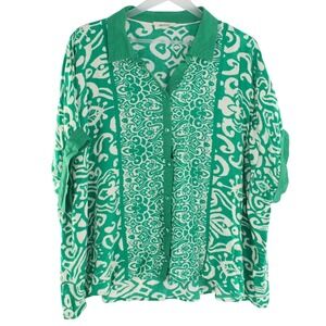 Umgee Button Up Blouse Ikat Damask Print XL Green White